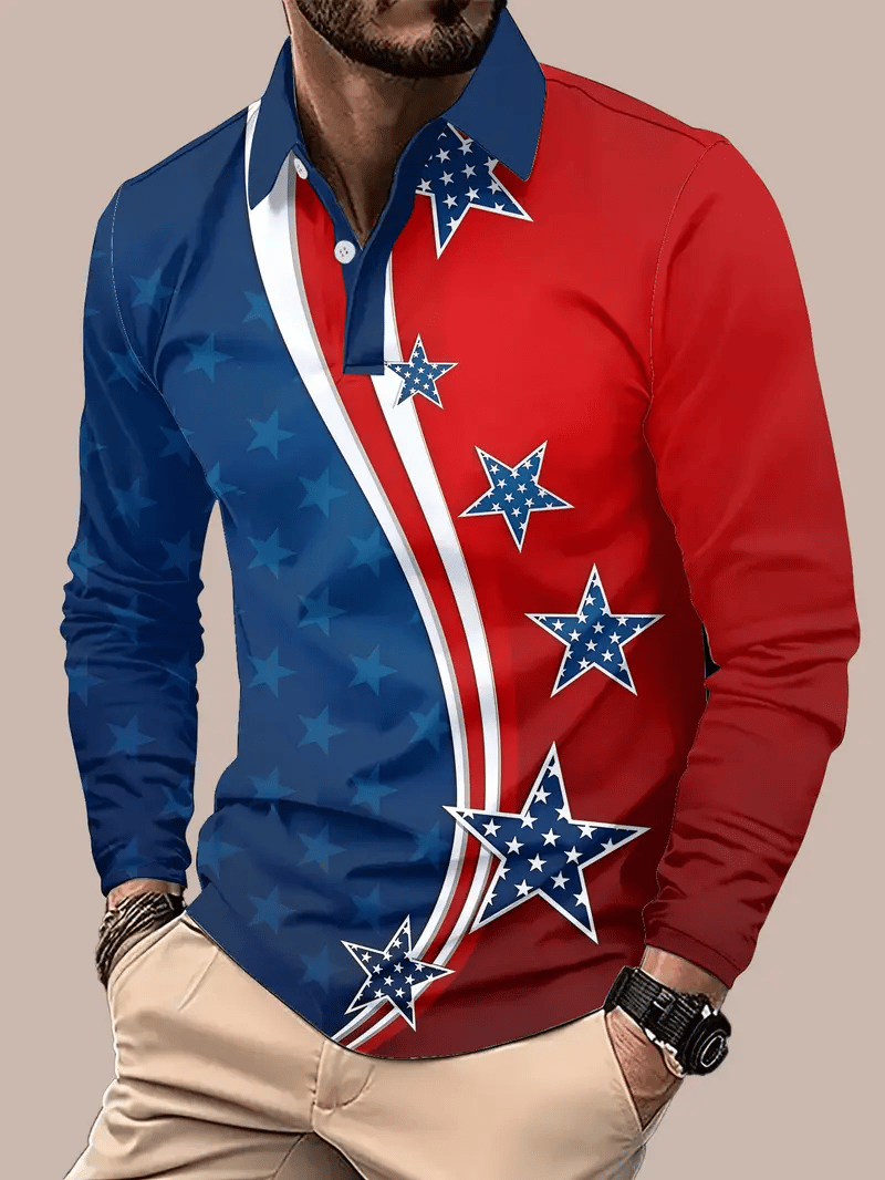 Men's Retro Business Stripe Print Long Sleeve Polo Shirt