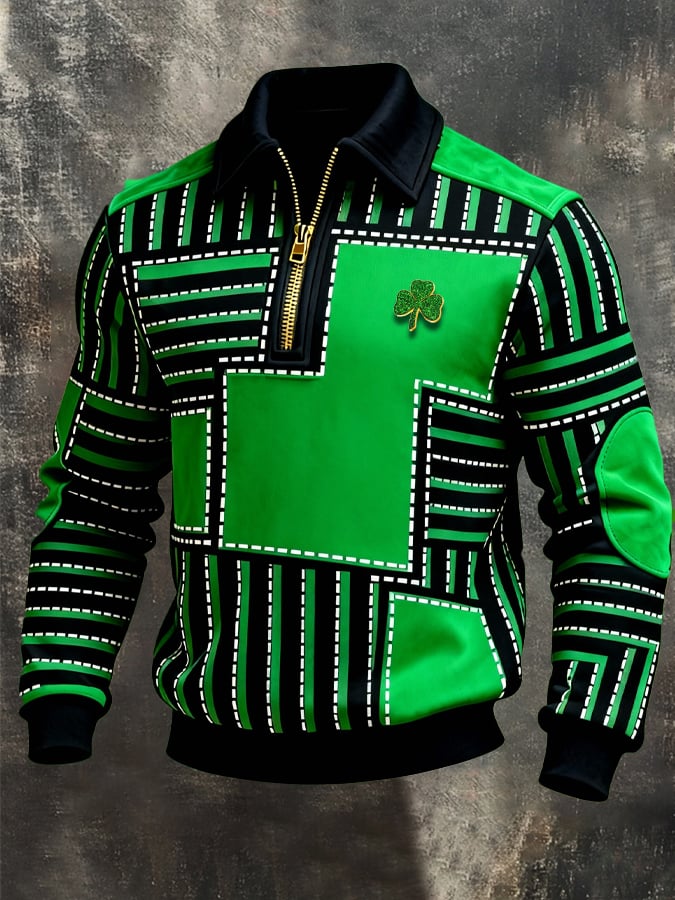 (Detachable Shamrock Brooch Included) Men's St. Patrick's Day Printed Color-Block Zip-Up Hoodie