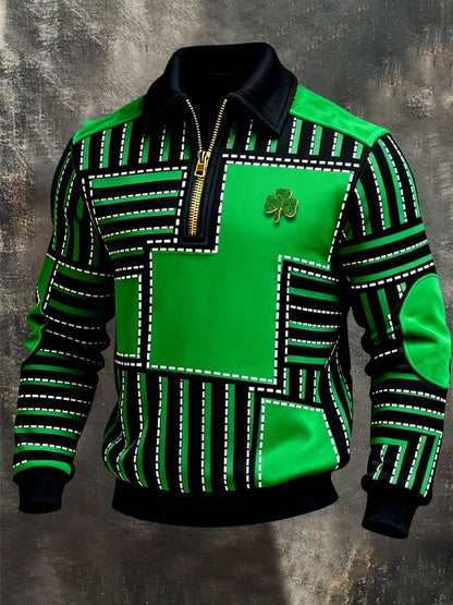 (Detachable Shamrock Brooch Included) Men's St. Patrick's Day Printed Color-Block Zip-Up Hoodie