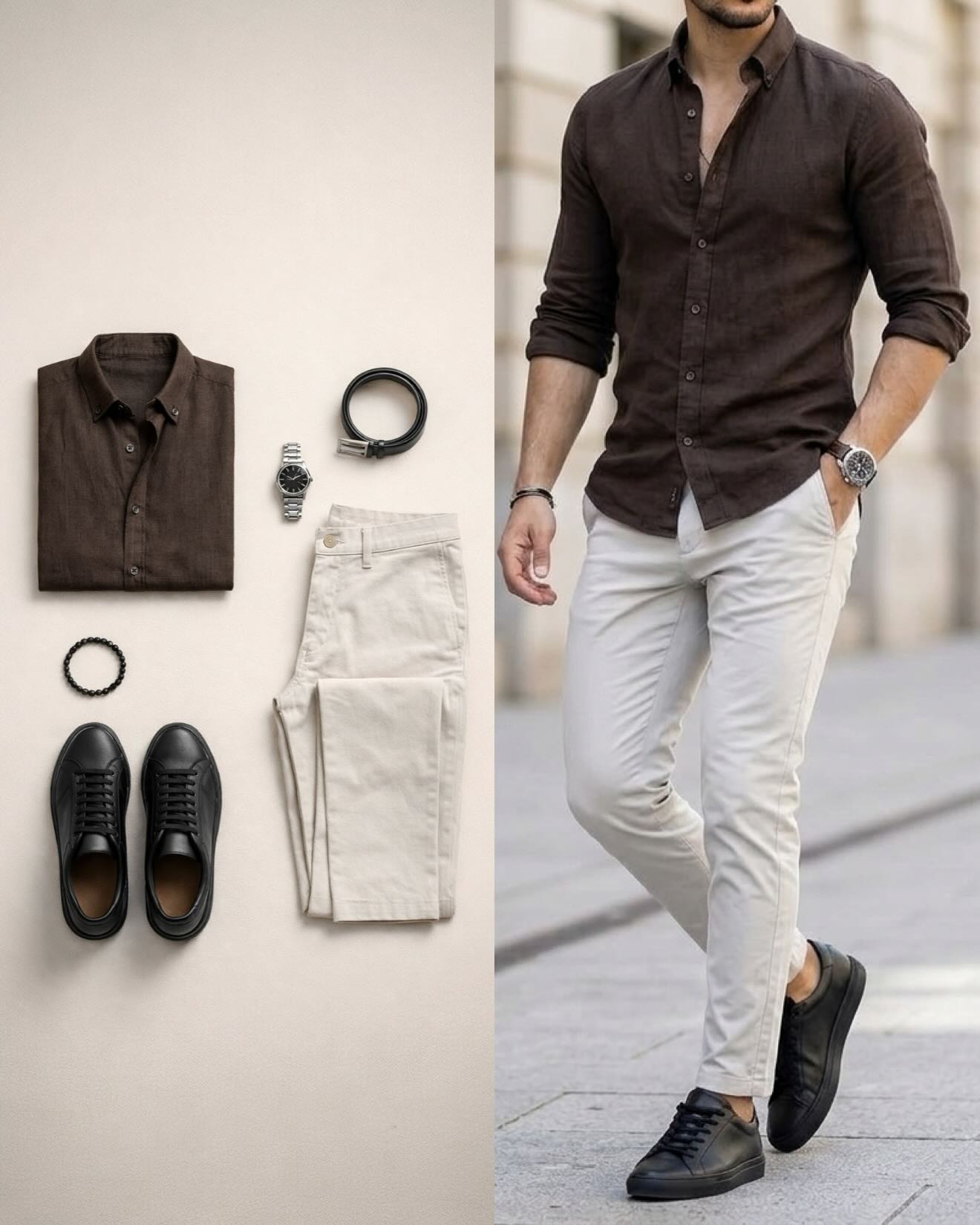 Men's Business Casual Dark Brown Shirt And Trousers Two-Piece Set