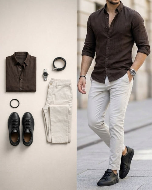 Men's Business Casual Dark Brown Shirt And Trousers Two-Piece Set
