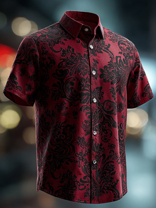 Men's Business Casual Black Floral Lapel Short Sleeve Shirt