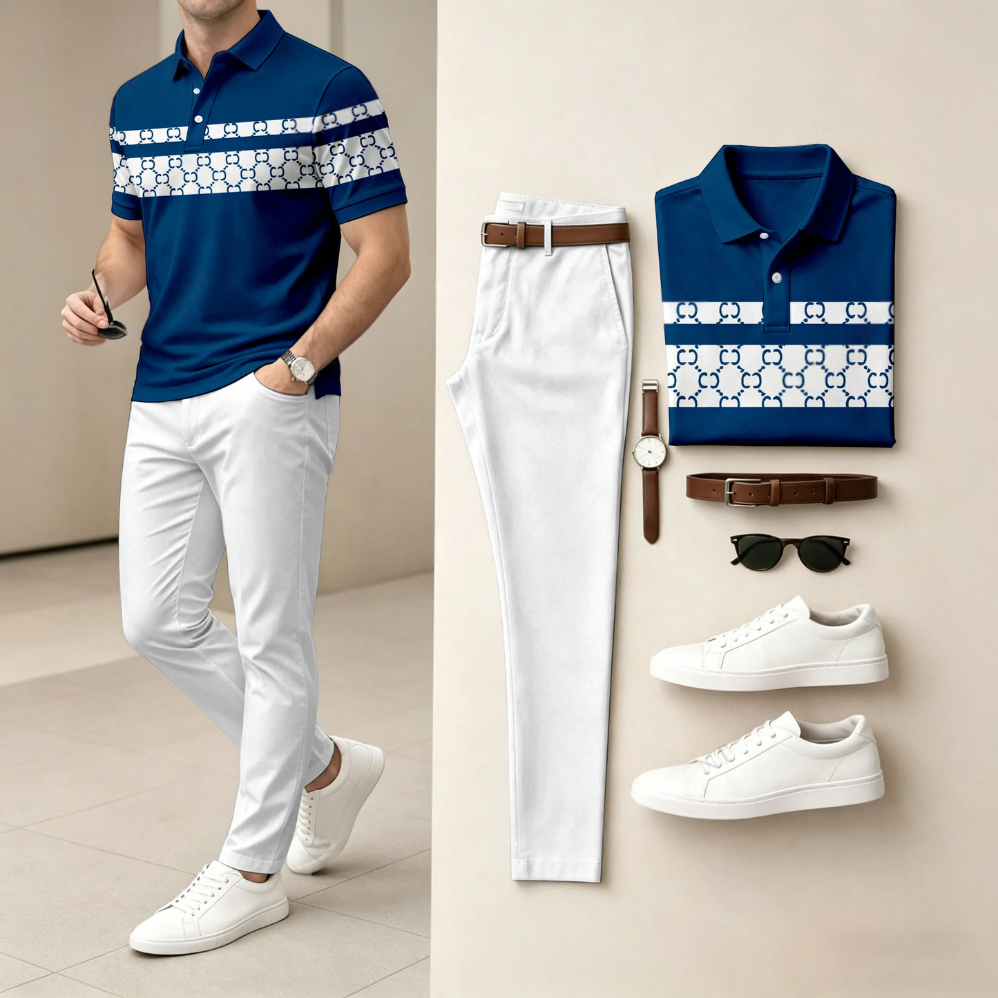Men's Light And Mature Style, Simple Color Matching Short Sleeved Polo Shirt & Pants Two-Piece Set