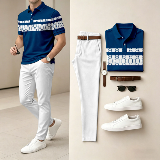 Men's Light And Mature Style, Simple Color Matching Short Sleeved Polo Shirt & Pants Two-Piece Set