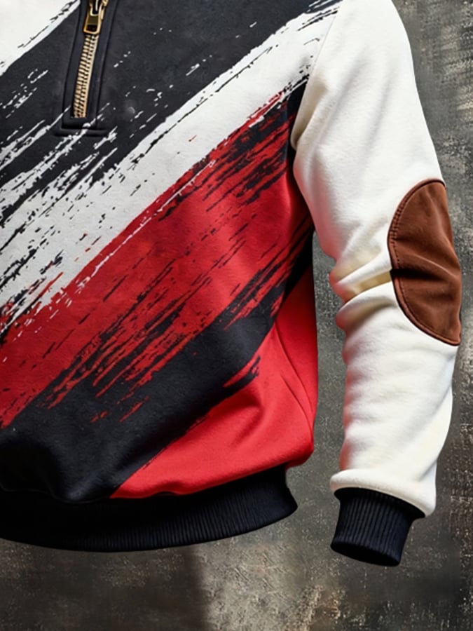 Men's Retro Color Block Print Color-Blocked Zip-Up Sweatshirt