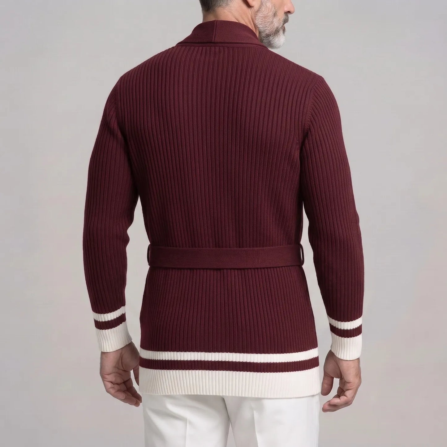 Men's Casual Shawl Collar Ribbed Knit Self Tie Belt Contrast Striped Long Sleeve Open Front Cardigan