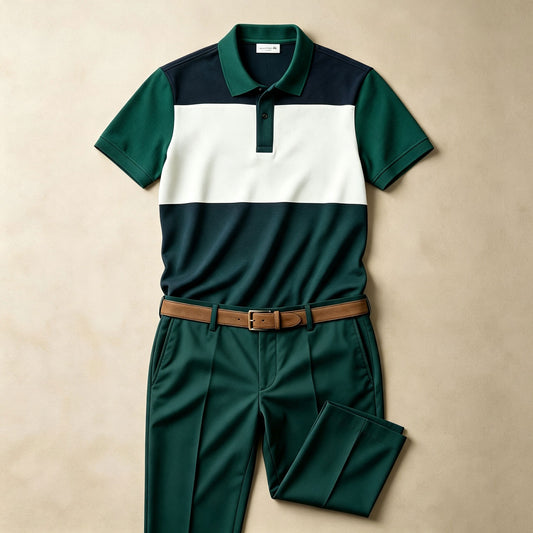 Men's Two-Piece Set: Color-Blocked Short-Sleeve Polo Shirt and Pants