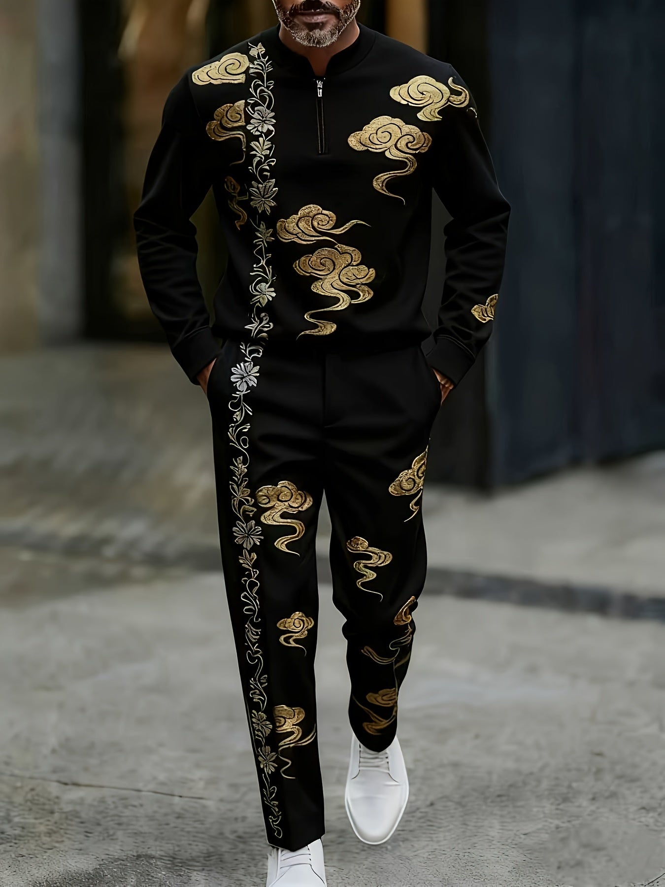 Men's Casual Color Matching Printed Round-Neck Zipper Long Sleeved Trousers Two-Piece Set