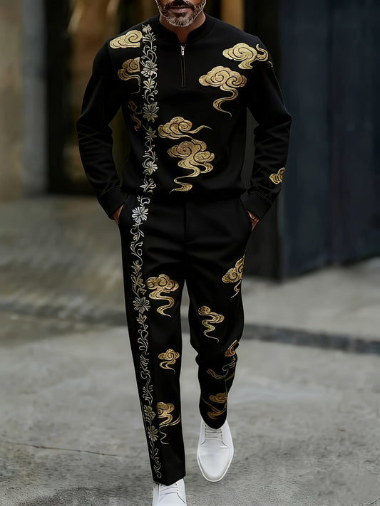 Men's Casual Color Matching Printed Round-Neck Zipper Long Sleeved Trousers Two-Piece Set