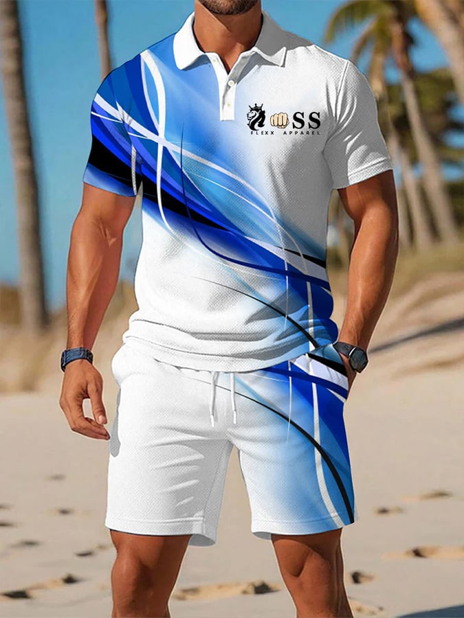Men's Retro Letter Design Casual Business Short Sleeve Polo Shirt Suit