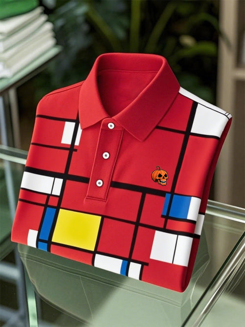 Men's Business Casual Mondrian Art Button Short Sleeve Polo Shirt