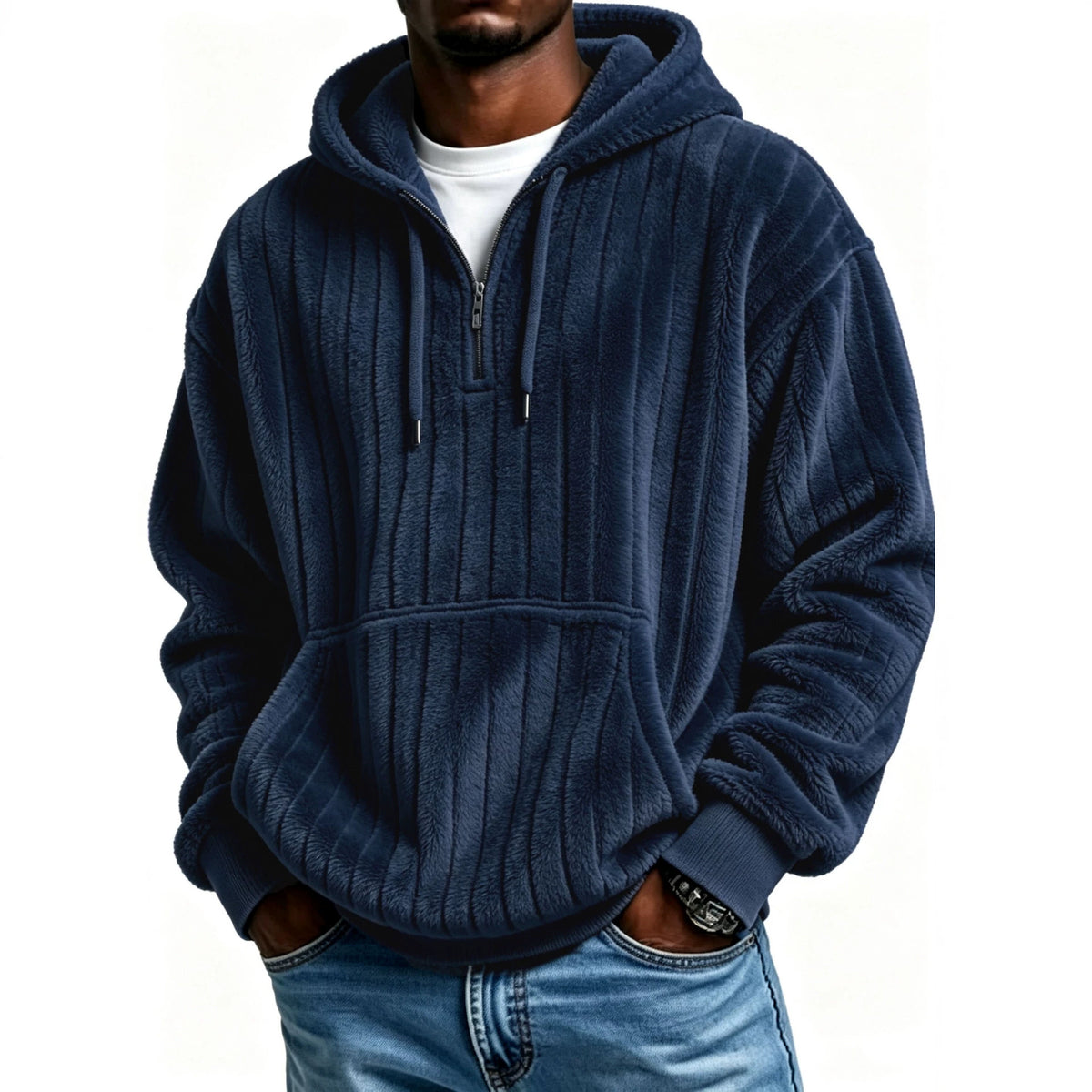 Men’s Vertical Striped Soft Fuzzy Half Zip Hooded Sweatshirt