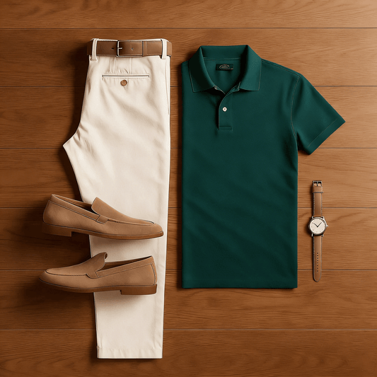 Men's Casual Green & Apricot Solid Color Matching Sport Short Sleeved Polo Shirt & Trousers Two-Piece Set