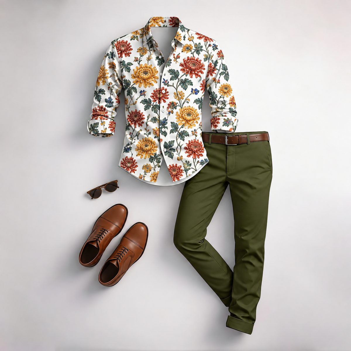 Men's Vintage Floral Print Long-Sleeve Shirt and Pants 2-Piece Set