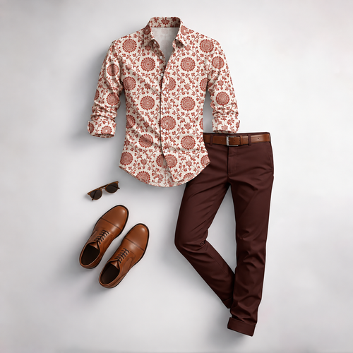 Men's Vintage Floral Print Long-Sleeve Shirt and Pants 2-Piece Set