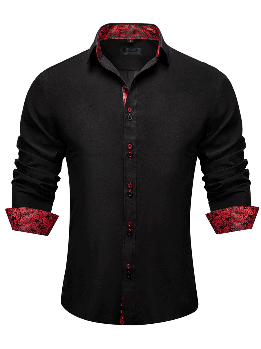 Men's Black Red Paisley Stitching Button Down Long Sleeve Shirt