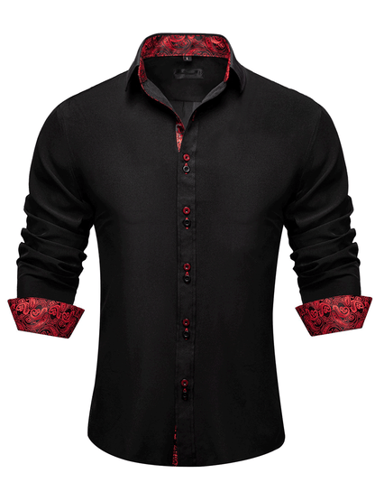 Men's Black Red Paisley Stitching Button Down Long Sleeve Shirt