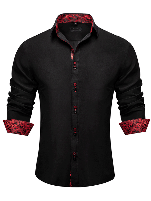 Men's Black Red Paisley Stitching Button Down Long Sleeve Shirt
