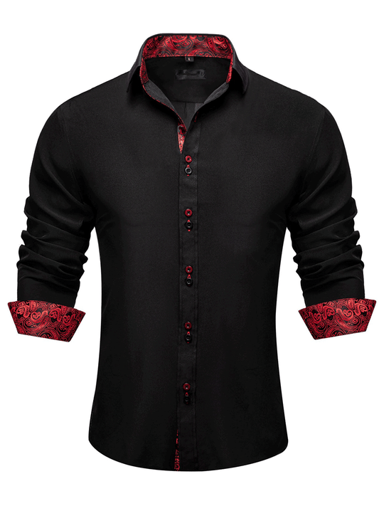 Men's Black Red Paisley Stitching Button Down Long Sleeve Shirt