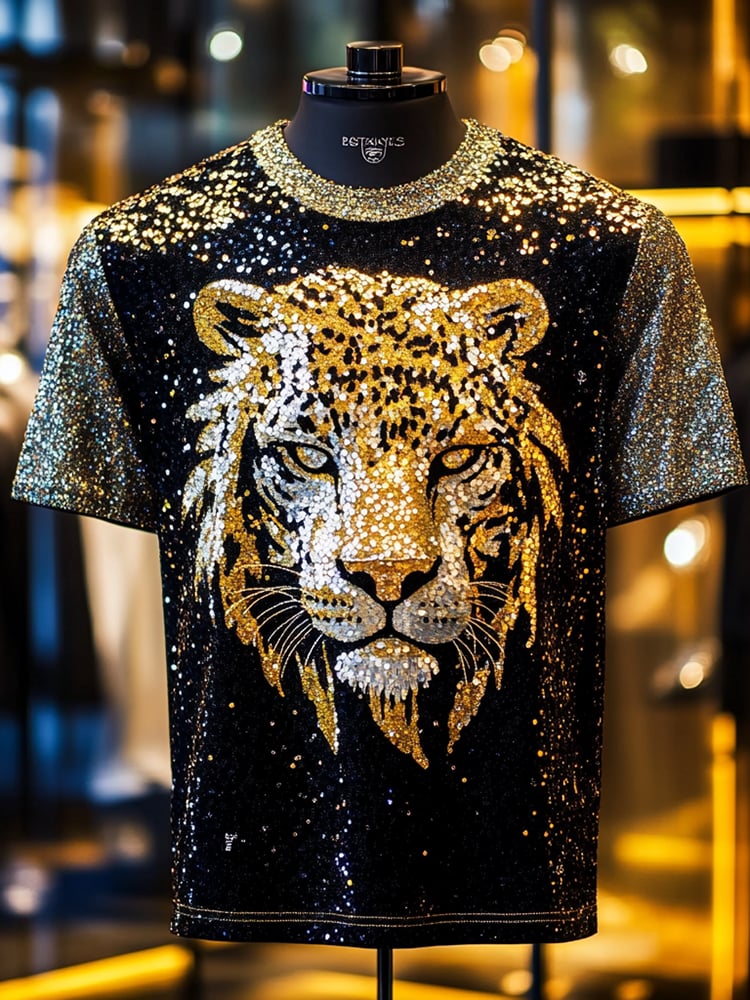 Men's Leopard Sequin Business Print Short Sleeve T-Shirt