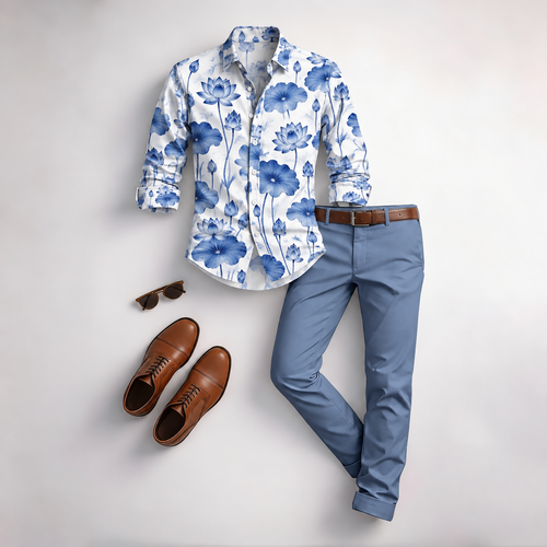 Men's Vintage Floral Print Long-Sleeve Shirt and Pants 2-Piece Set
