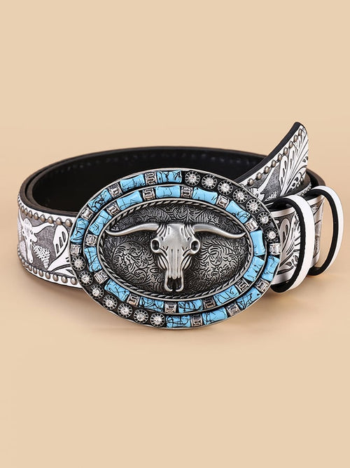 Retro Western Style Cow Head Beaded Embossed Decorative Belt