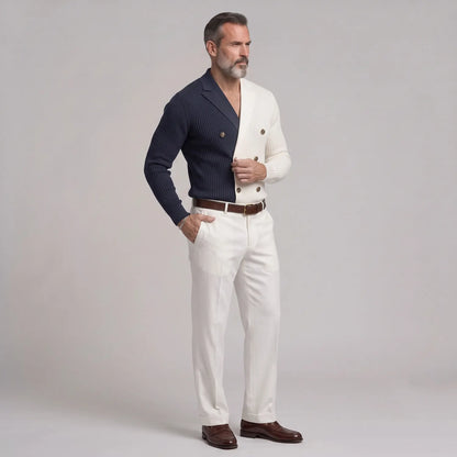 Men's Colorblock Ribbed Knit Double-Breasted Lapel Collar Slim Fit Shirt