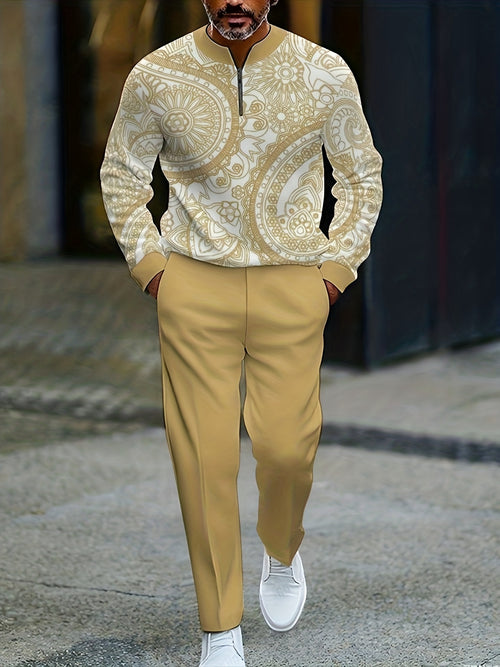 Men's Casual Flower Printed Round-Neck Zipper Long Sleeved Trousers Yellow Two-Piece Set