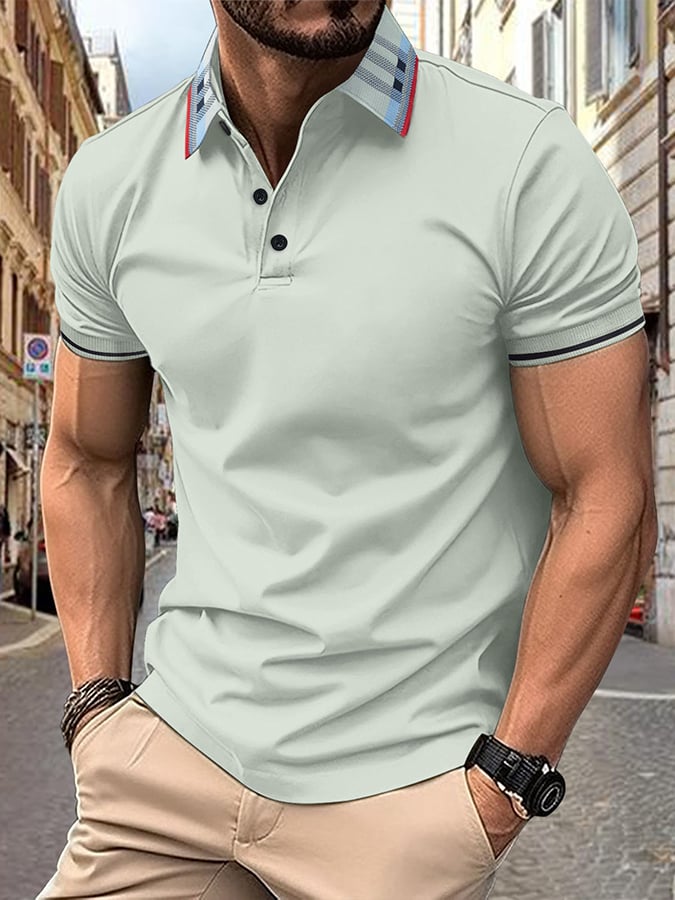 Men's Ribbed Floral Collar Solid Color Button Up Short Sleeved Polo Shirt