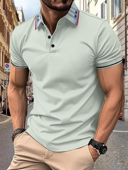 Men's Ribbed Floral Collar Solid Color Button Up Short Sleeved Polo Shirt