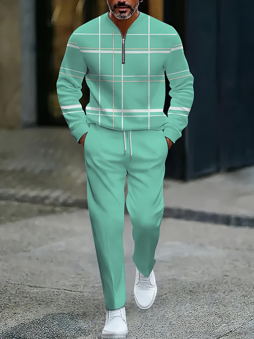 Men's Casual Color Matching Printed Round-Neck Zipper Long Sleeved Trousers Two-Piece Set