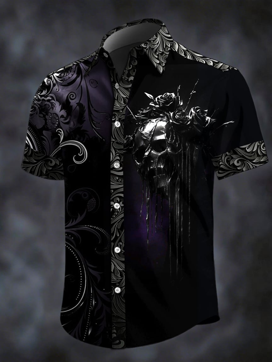 Men's Retro Horror Skull Print Lapel Short Sleeve Shirt