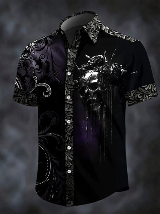 Men's Retro Horror Skull Print Lapel Short Sleeve Shirt