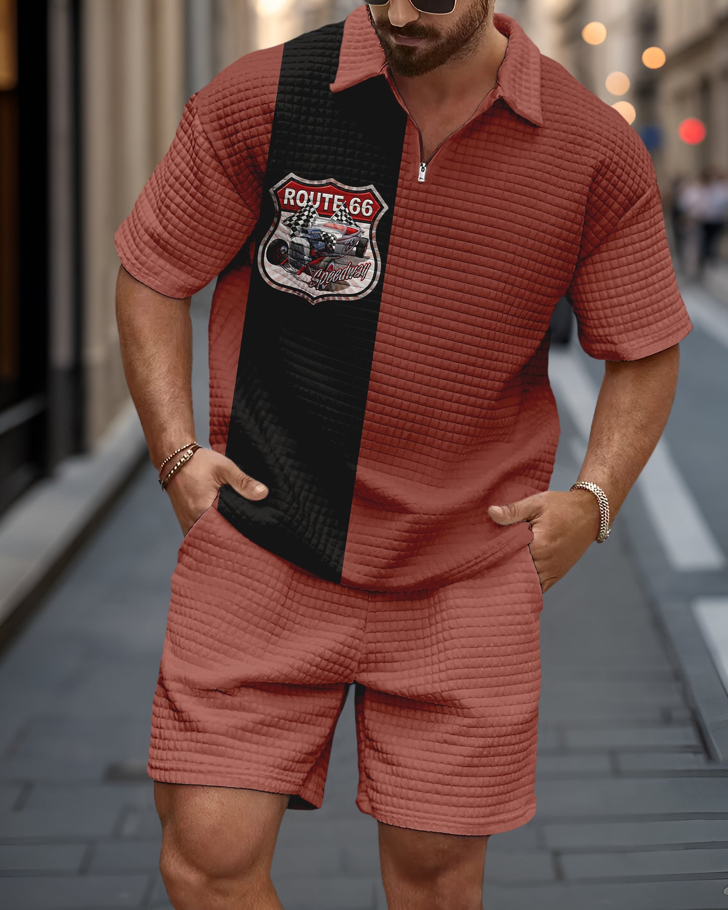 Men's Casual Art Print Waffle Texture Summer Polo Set 070