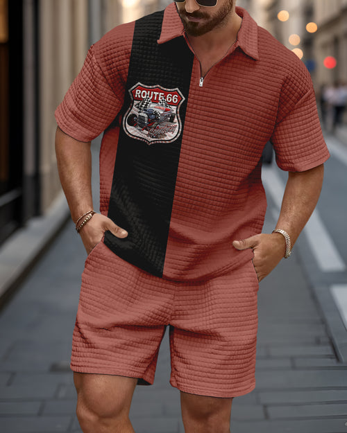 Men's Casual Art Print Waffle Texture Summer Polo Set 070