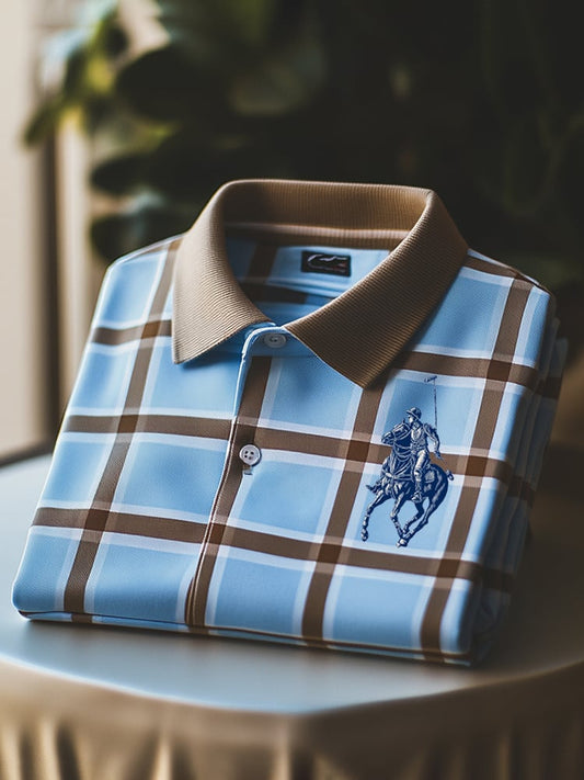 Men's Classic Business Check Logo Button Short Sleeve Polo Shirt