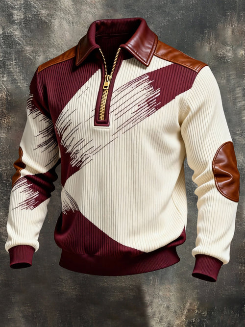 Men's Retro Color Block Print Zipper Sweatshirt