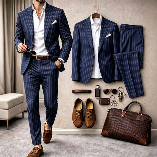 Men's Striped Long-Sleeve Shirt and Pants Suit Set