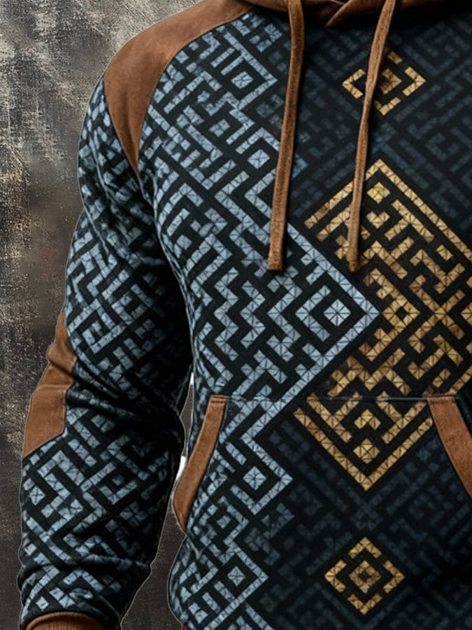Men's Retro Distressed Color Block Print Casual Long Sleeve Sweatshirt