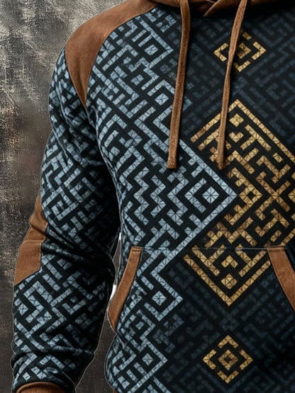Men's Retro Distressed Color Block Print Casual Long Sleeve Sweatshirt