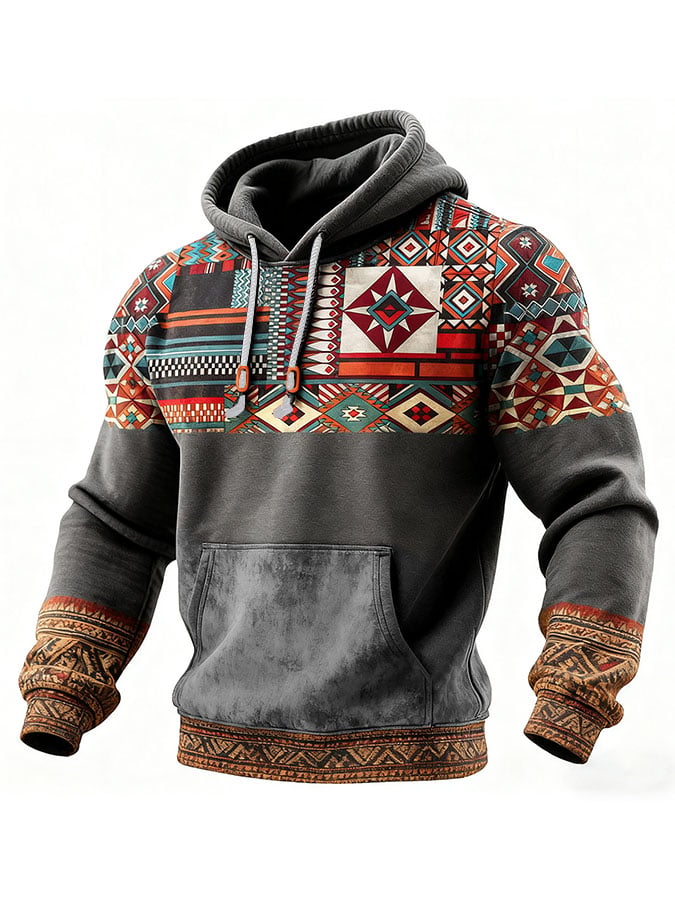 Men's Casual Retro Plaid Print Long Sleeve Hooded Sweatshirt