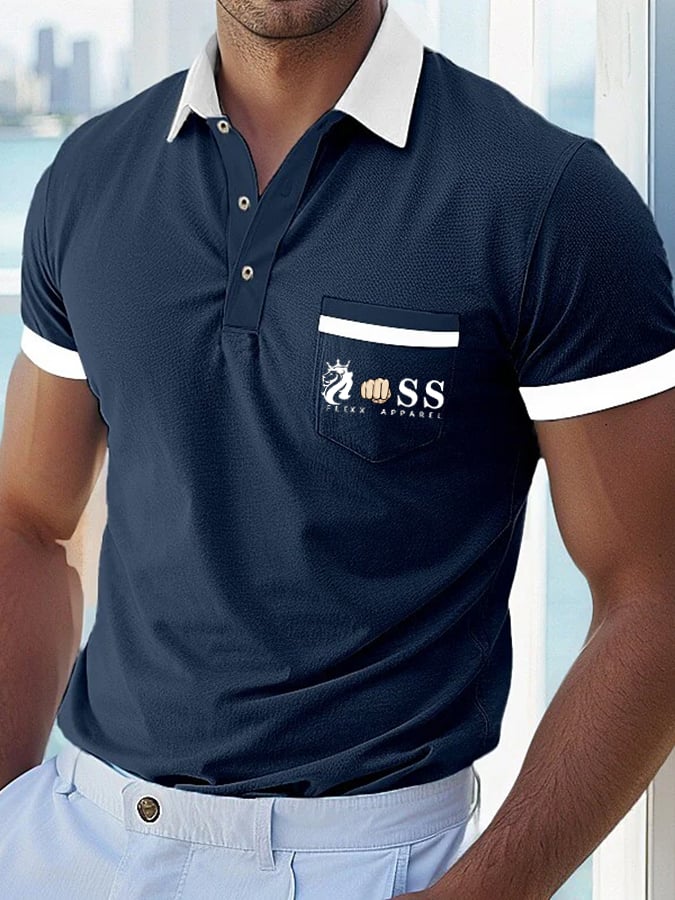 Men's Casual Comfortable Breathable Retro Letter Print Polo Shirt with Pockets