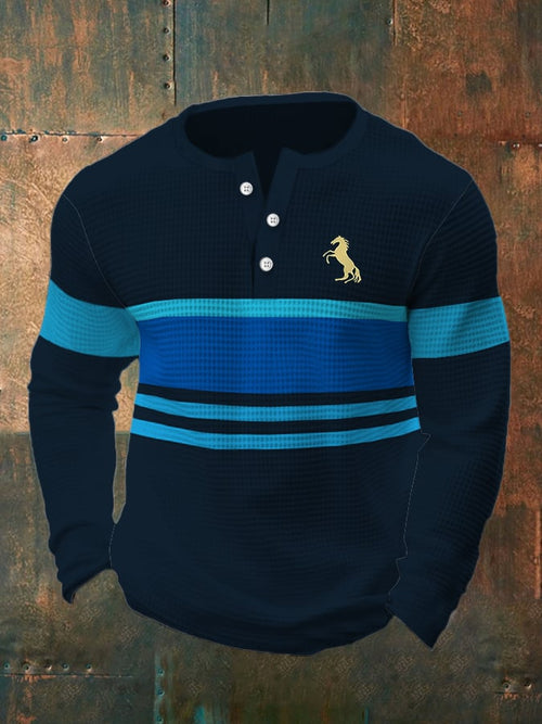 Men's Vintage Waffle Color Patch Henley Neck T-Shirt