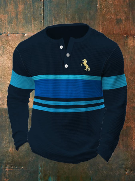 Men's Vintage Waffle Color Patch Henley Neck T-Shirt