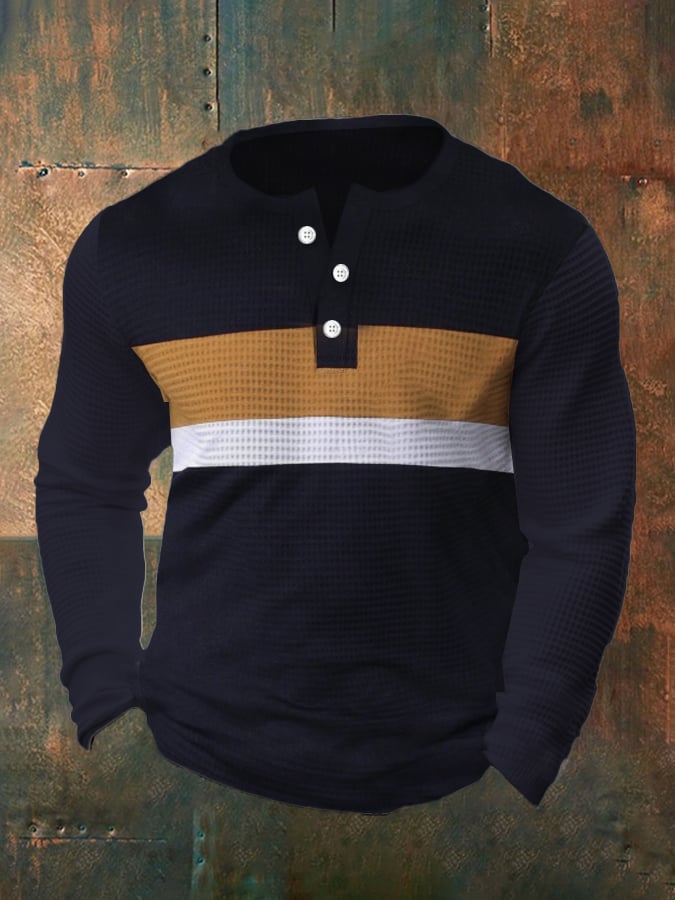 Men's Vintage Waffle Color Patch Henley Neck T-Shirt