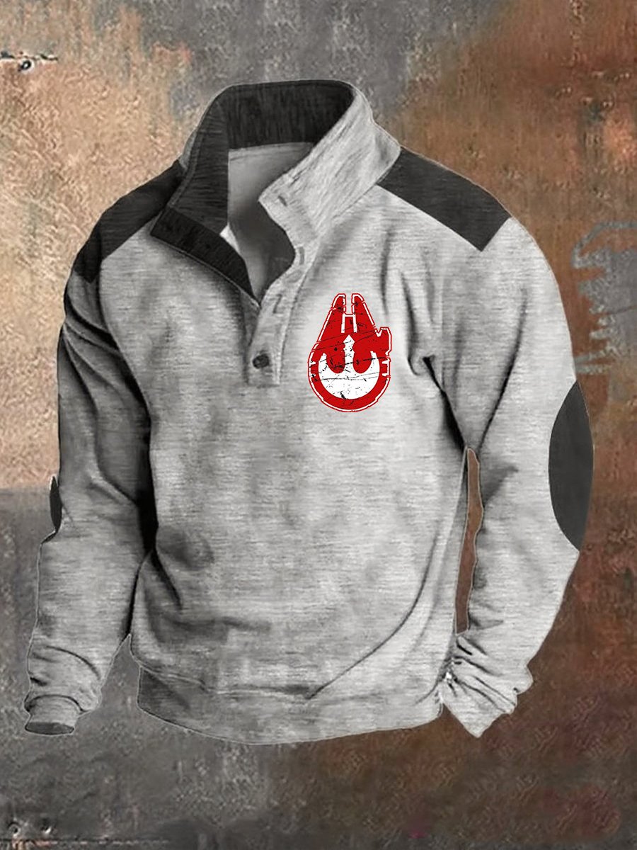 Men's Retro Polo Neck Logo Button Sweatshirt