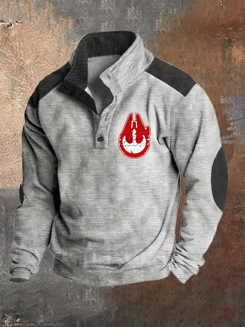 Men's Retro Polo Neck Logo Button Sweatshirt