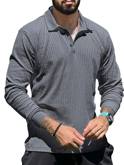 Ribbed Casual Long Sleeve Half Button Knit Polo Shirt