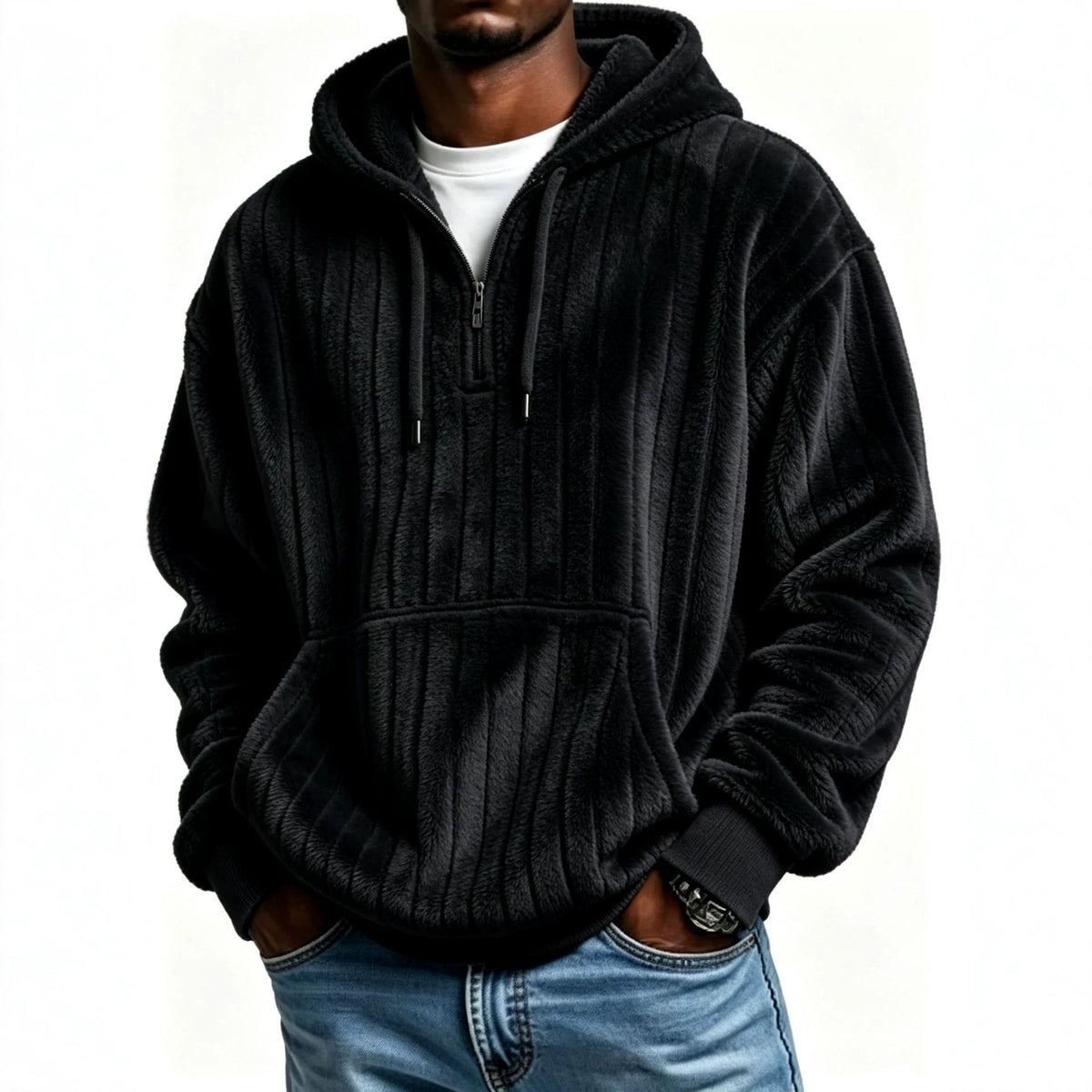 Men’s Vertical Striped Soft Fuzzy Half Zip Hooded Sweatshirt