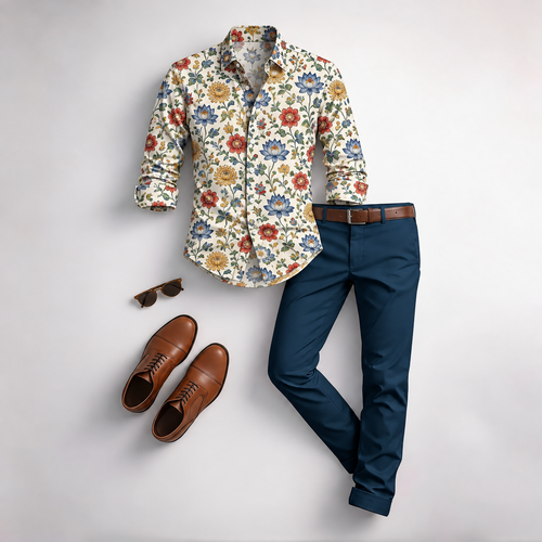 Men's Vintage Floral Print Long-Sleeve Shirt and Pants 2-Piece Set